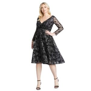 Mac Duggal 67541 Black Long Sleeve Illusion Sequin Embroidered Midi Dress 14W‎